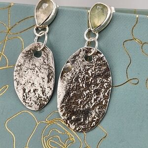 PERIDOT TEARDROP TEXTURE EARRINGS & PATINA HANDMADE IN RECYCLE STERLING SILVER